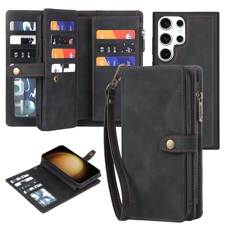 TwoHead for Samsung Galaxy S23 Ultra Wallet Case with Card Holder & Detachable Magnetic Phone Case for S23 Ultra 6.8 in PU Leather Shockproof Protective Phone Case (Dream Black) - Image 1