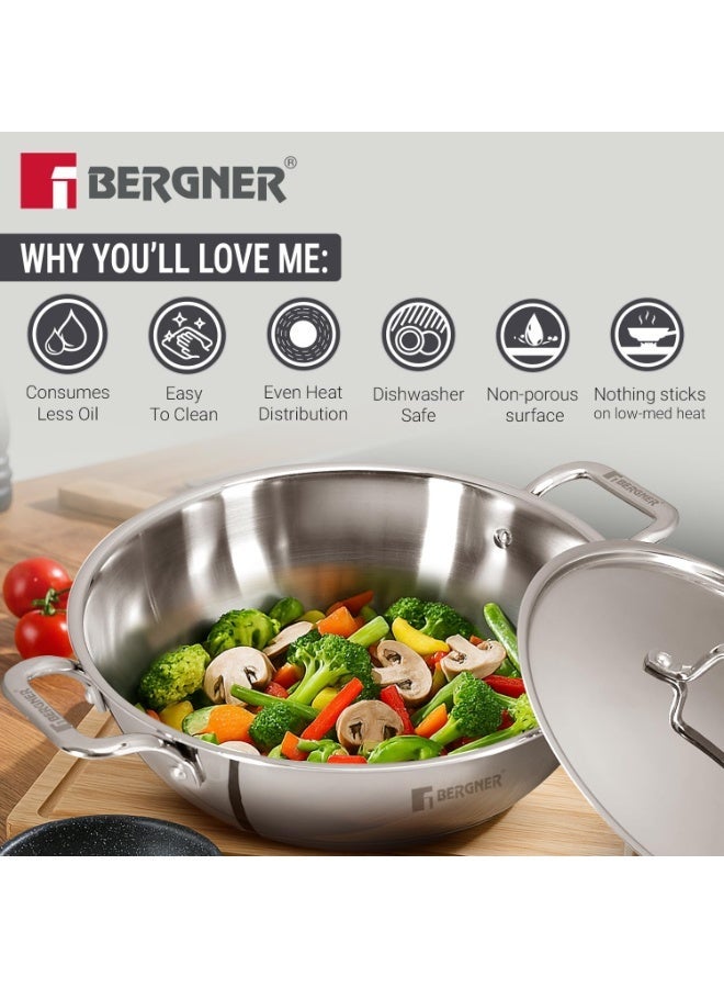 Bergner Tripro 4 Pcs Triply Cookware Set - 24cm/3.1 L Kadai with Stainless Steel Lid and 28cm/5.8L Shallow Biryani Pan with Stainless Steel Lid, Less Oil Use, Healthy Cooking - Induction Bottom - Image 3