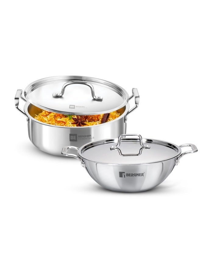 Bergner Tripro 4 Pcs Triply Cookware Set - 24cm/3.1 L Kadai with Stainless Steel Lid and 28cm/5.8L Shallow Biryani Pan with Stainless Steel Lid, Less Oil Use, Healthy Cooking - Induction Bottom - Image 1