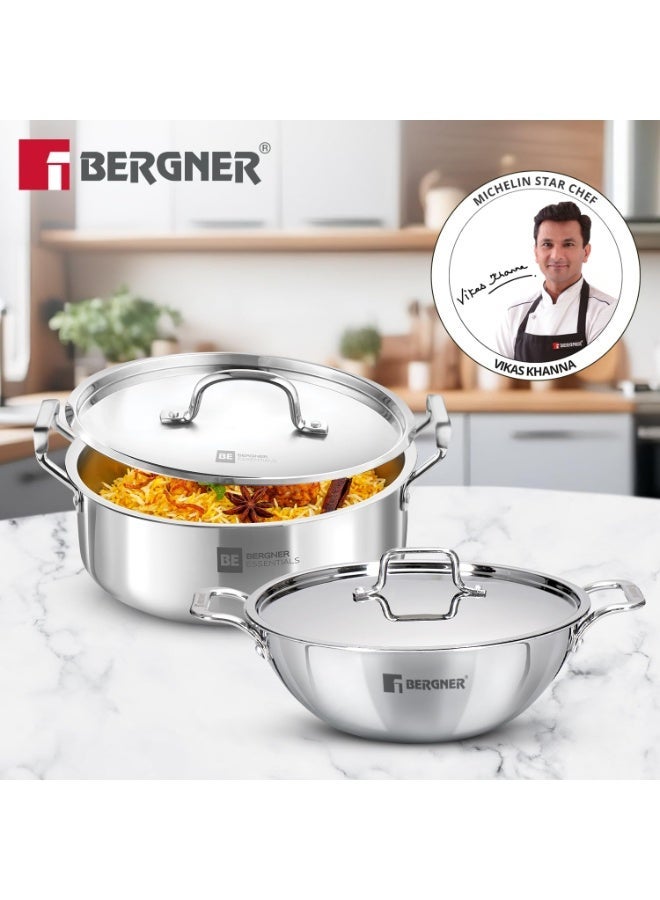 Bergner Tripro 4 Pcs Triply Cookware Set - 24cm/3.1 L Kadai with Stainless Steel Lid and 28cm/5.8L Shallow Biryani Pan with Stainless Steel Lid, Less Oil Use, Healthy Cooking - Induction Bottom - Image 4