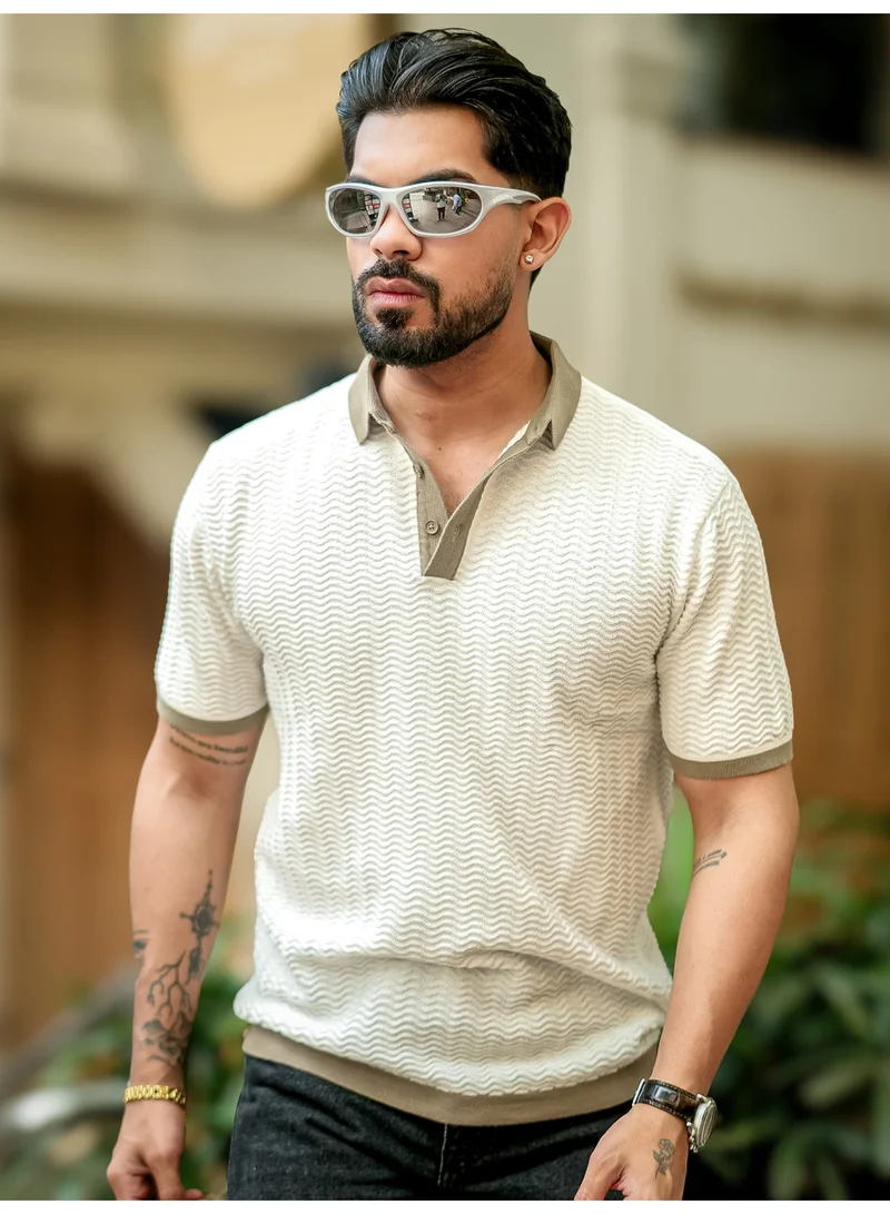 Maniac Maniac Men Texture Half Zipper Polo Neck Full Sleeve Light Grey Cotton T-Shirt