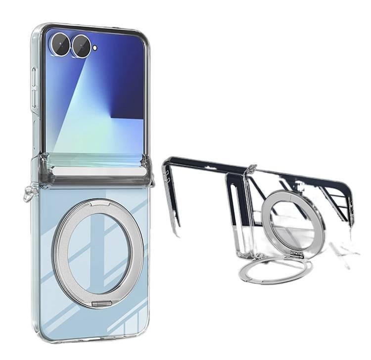 غطاء MagSafe بPC لـ Samsung Galaxy Z Flip 6 باللون Silver مغناطيسي بظهر شفاف بوظيفة حامل مع مفصلة شفافة وحامل قائم مع مقاوم للصدمات مع مغناطيس قوي مع حماية من السقوط للمدرسة - Image 1