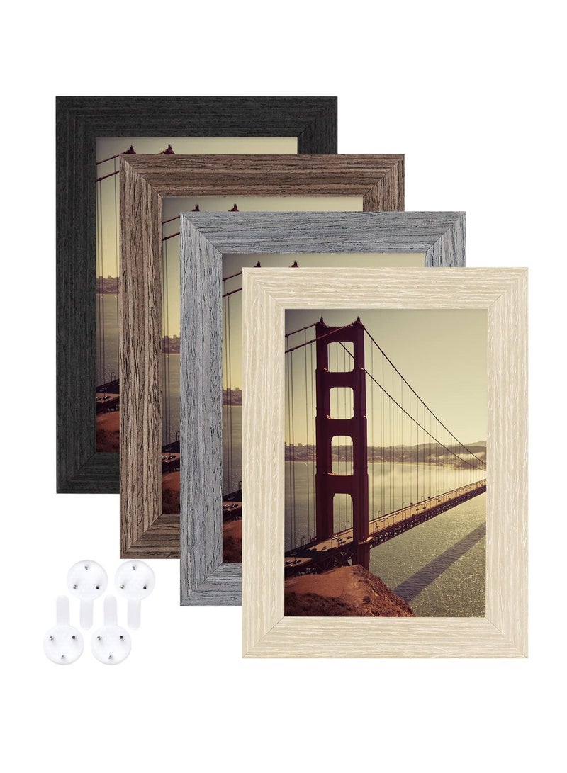 SYOSI Picture Frame, 4x6 Tempered Glass and Composite Wood for 3.5x5 photo with Mat or 4x6 photo Without Mat, Wall & Table Mounting for Rustic Home Decor, Black, Oak, Brown, Grey (set of 4) - Image 1