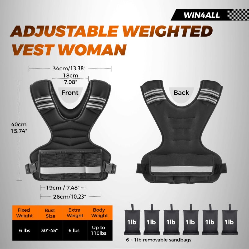 WIN4ALL Weighted Vest Woman Adjustable Weights For Walking, 6-12lb, Weighted Vest Woman with 6 Ironsand Weights, Weight Vest For Women/Men, Weight Vest For Walking, Strength Training, Running, Black - Image 2