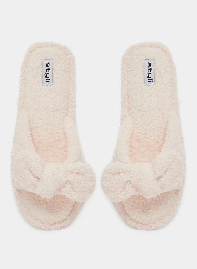 Styli Styli Bow Detail Textured Slip-On Slippers