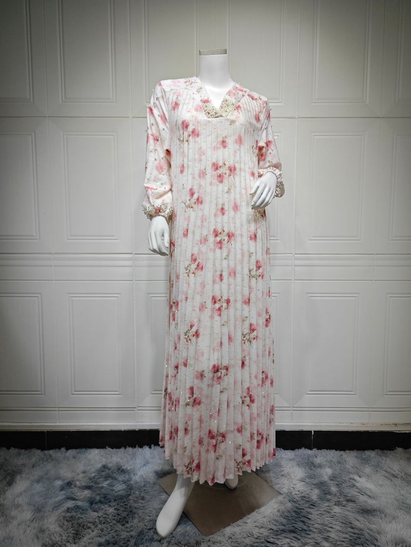 AB546 Fashion Printed Pleated Long Sleeve Dress with Beaded Details - Casual Jalabiya