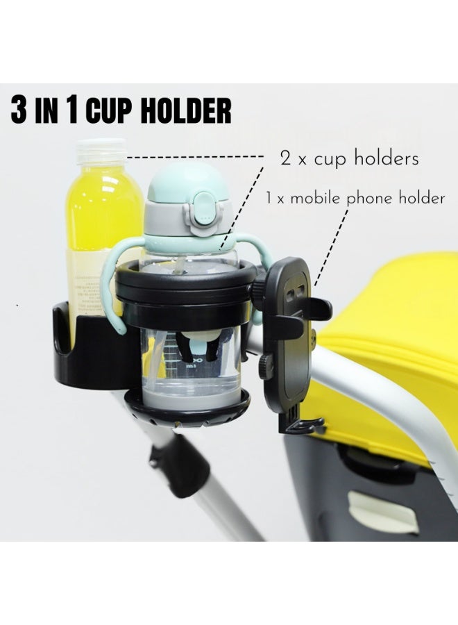 نوفولان حامل أكواب لعربة الأطفال مع منظم للهاتف، تصميم 3 في 1 يحمل كوبين وهاتف واحد، حامل هاتف يدور 360 درجة متوافق مع الهواتف مقاس 4.7-7.2 بوصة، يتضمن خطافين متعددي الوظائف برأسين - Image 2