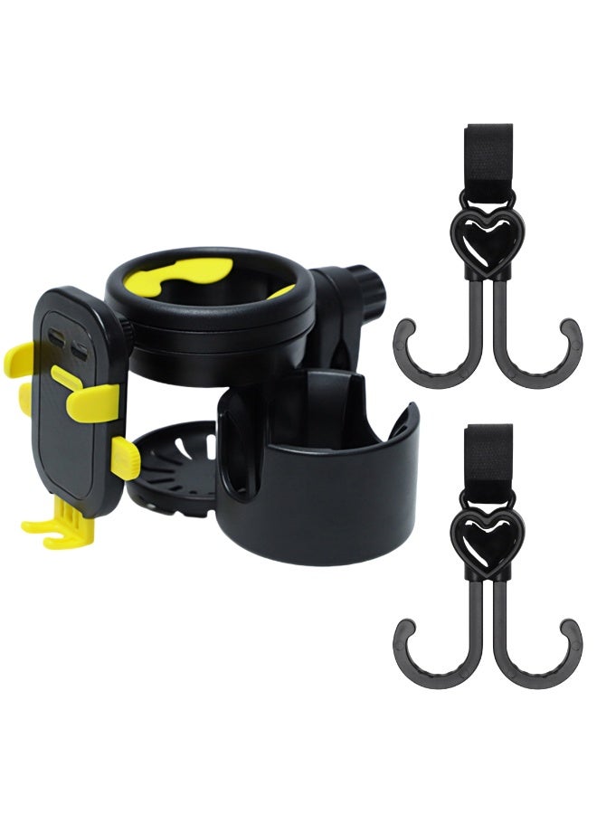 نوفولان حامل أكواب لعربة الأطفال مع منظم للهاتف، تصميم 3 في 1 يحمل كوبين وهاتف واحد، حامل هاتف يدور 360 درجة متوافق مع الهواتف مقاس 4.7-7.2 بوصة، يتضمن خطافين متعددي الوظائف برأسين - Image 1