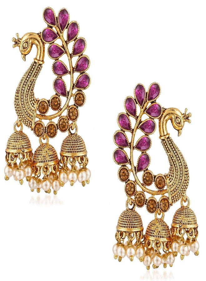 Gift Nest Giftnest Traditional Gold Pearl Peacock Kundan Jhumkas Diamond, Pearl Alloy Jhumki Earring (Pink) - Image 1