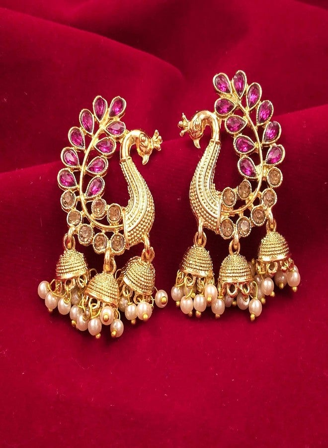 Gift Nest Giftnest Traditional Gold Pearl Peacock Kundan Jhumkas Diamond, Pearl Alloy Jhumki Earring (Pink) - Image 3