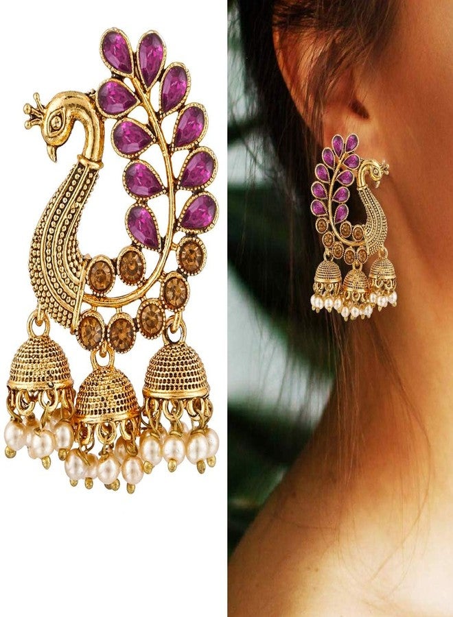 Gift Nest Giftnest Traditional Gold Pearl Peacock Kundan Jhumkas Diamond, Pearl Alloy Jhumki Earring (Pink) - Image 4