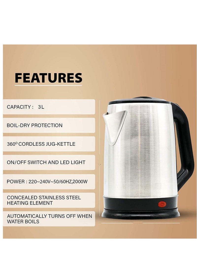REFURA 3 L Cordless Electric Kettle 2000W RE-11608 - Stainless Steel Kettle w/ Spray Coating, 360-degree Swivel Base, Auto Shutdown, Power On/Off Indicator Light - Image 5
