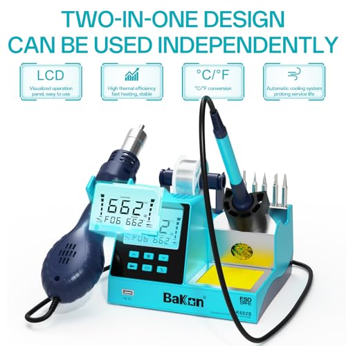 BAKON BK602S 2 in1 Soldering Iron Hot Air Rework Station,Digital Soldering Welding Iron Kit for Electronic DIY Circuit Work, Rapid Heat up Solder Station,Auto Sleep,ºC/ºF Conversion - Image 2