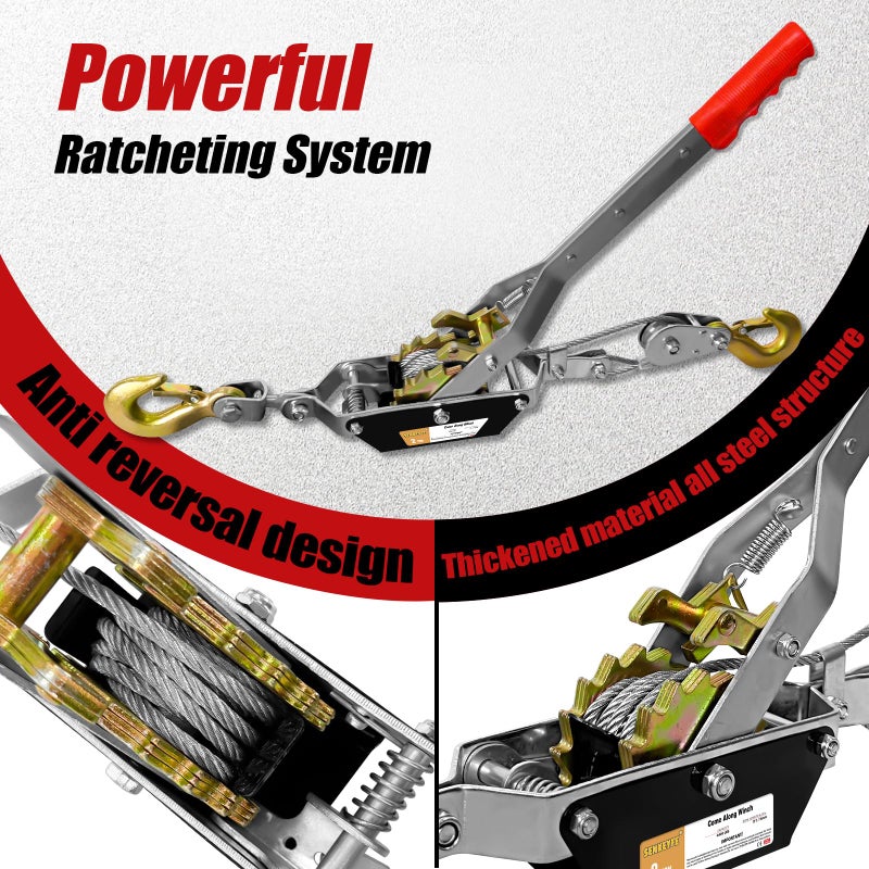 SENKEYFE Come Along Winch Heavy Duty, 2T 2 Gears Come Along Pulling Tool, Cable Winch Puller with 2 Hooks, Come Along Power Puller Ratchet Tool, Manual Winch Ratchet Tool for Towing Lifting - Image 3