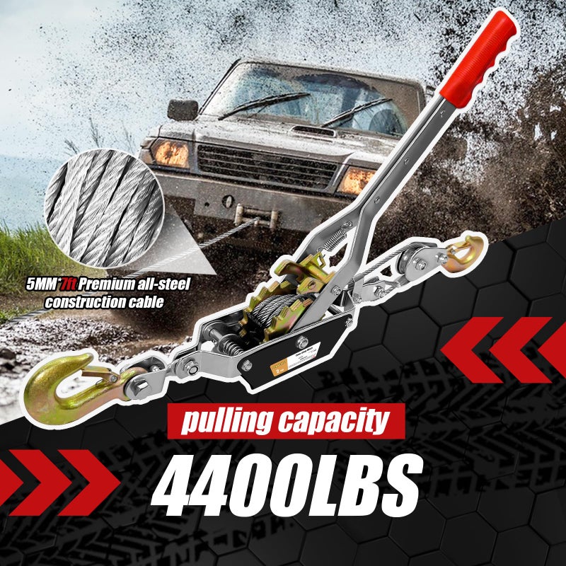 SENKEYFE Come Along Winch Heavy Duty, 2T 2 Gears Come Along Pulling Tool, Cable Winch Puller with 2 Hooks, Come Along Power Puller Ratchet Tool, Manual Winch Ratchet Tool for Towing Lifting - Image 4