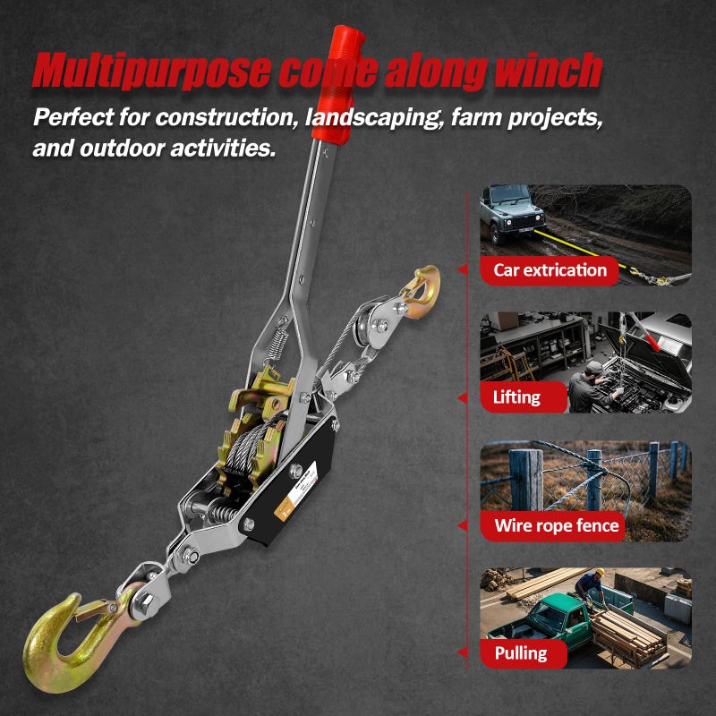 SENKEYFE Come Along Winch Heavy Duty, 2T 2 Gears Come Along Pulling Tool, Cable Winch Puller with 2 Hooks, Come Along Power Puller Ratchet Tool, Manual Winch Ratchet Tool for Towing Lifting - Image 5