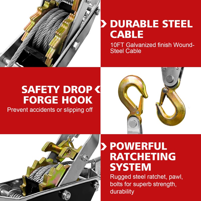 SENKEYFE Come Along Winch Heavy Duty, 2T 2 Gears Come Along Pulling Tool, Cable Winch Puller with 2 Hooks, Come Along Power Puller Ratchet Tool, Manual Winch Ratchet Tool for Towing Lifting - Image 2