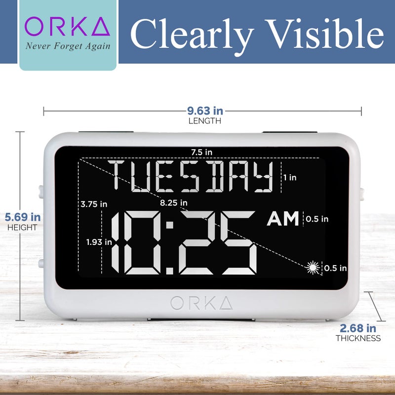 ORKA Talking Clock. Voice Recordable Ex Large Medication Pill Reminder. Talking Alarm Clock for Dementia, Hearing, Visually impaired Seniors-Digital Day Clock with Multiple Customized Alarms White - Image 5