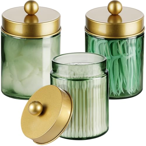 Komashr 3 Pack Apothecary Jar Canisters Bathroom Vanity Organizer Qtip Holder Storage Organizer Set Countertop Canister with Stainless Steel Lids Cute Stickers for QtipsCotton SwabsMakeup SpongesFloss - Image 1