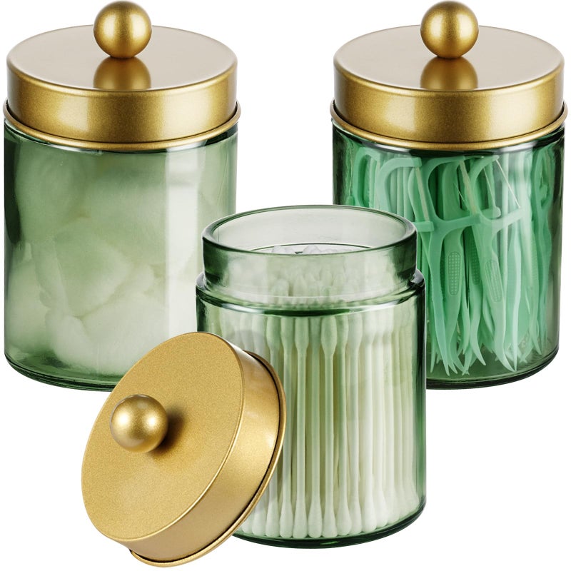 Komashr 3 Pack Apothecary Jar Canisters Bathroom Vanity Organizer Qtip Holder Storage Organizer Set Countertop Canister with Stainless Steel Lids Cute Stickers for QtipsCotton SwabsMakeup SpongesFloss - Image 2