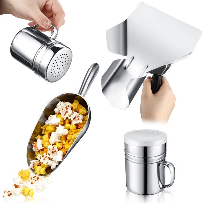 4 PIECES 12 OZ ALUMINIUM POPCORN SCOOP STAINLESS STEEL METAL FRENCH FRY SCOOP SALT SHAKER DREDGE ROUND BOTTOM UTILITY SCOOP WITH FINGER GROOVE HANDLE FOR SNACKS DESSERTS ICE CORN SMALL POPCORN MACHINE