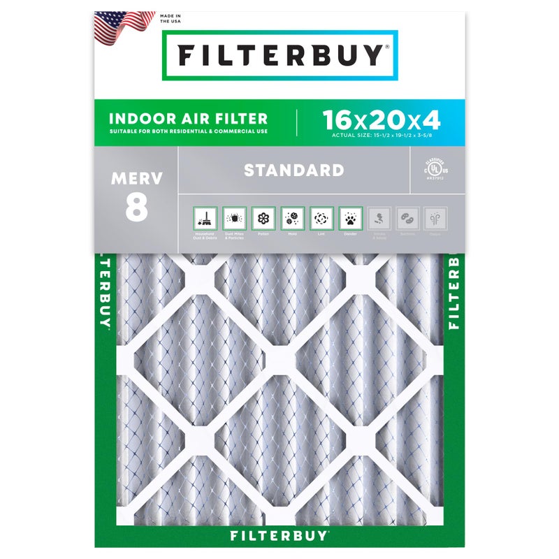 Filterbuy 16x20x4 Air Filter MERV 8 MPR 700 Dust Defense Replacement 1Pack Electrostatic Pleated HVAC AC Furnace Filters Made in USA Actual Size 1550 x 1950 x 363