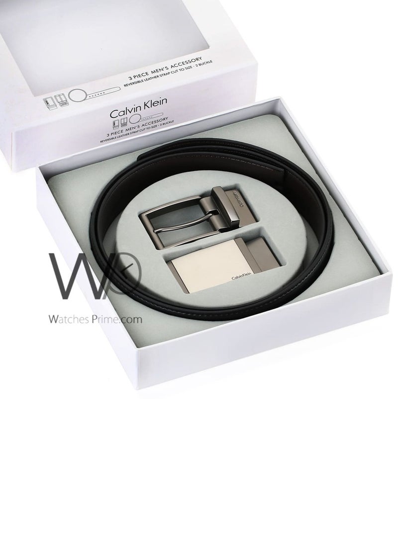 Calvin Klein Jeans Calvin Klein For Men Black And Brown 2 Buckles Gray Double Face Belt Leather Ck Gift Box - Image 1
