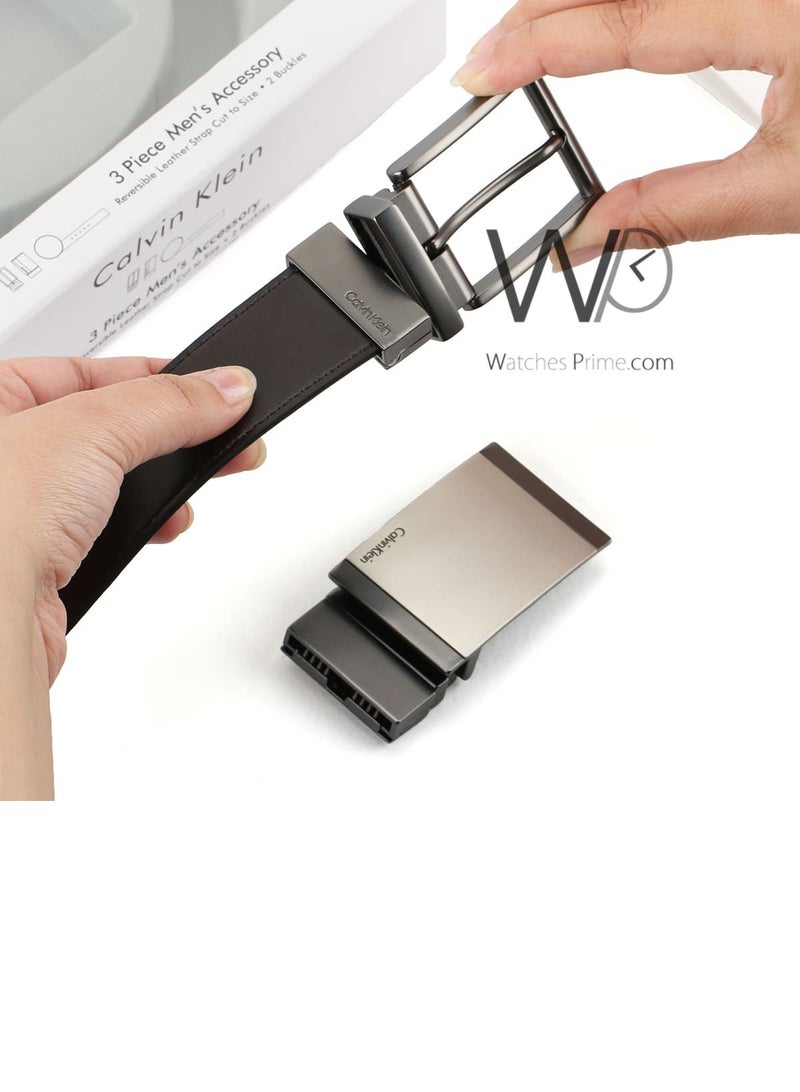 Calvin Klein Jeans Calvin Klein For Men Black And Brown 2 Buckles Gray Double Face Belt Leather Ck Gift Box - Image 2