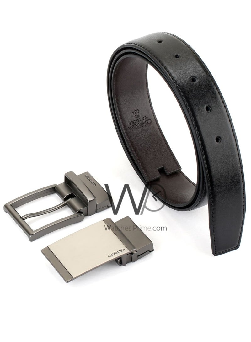 Calvin Klein Jeans Calvin Klein For Men Black And Brown 2 Buckles Gray Double Face Belt Leather Ck Gift Box - Image 3
