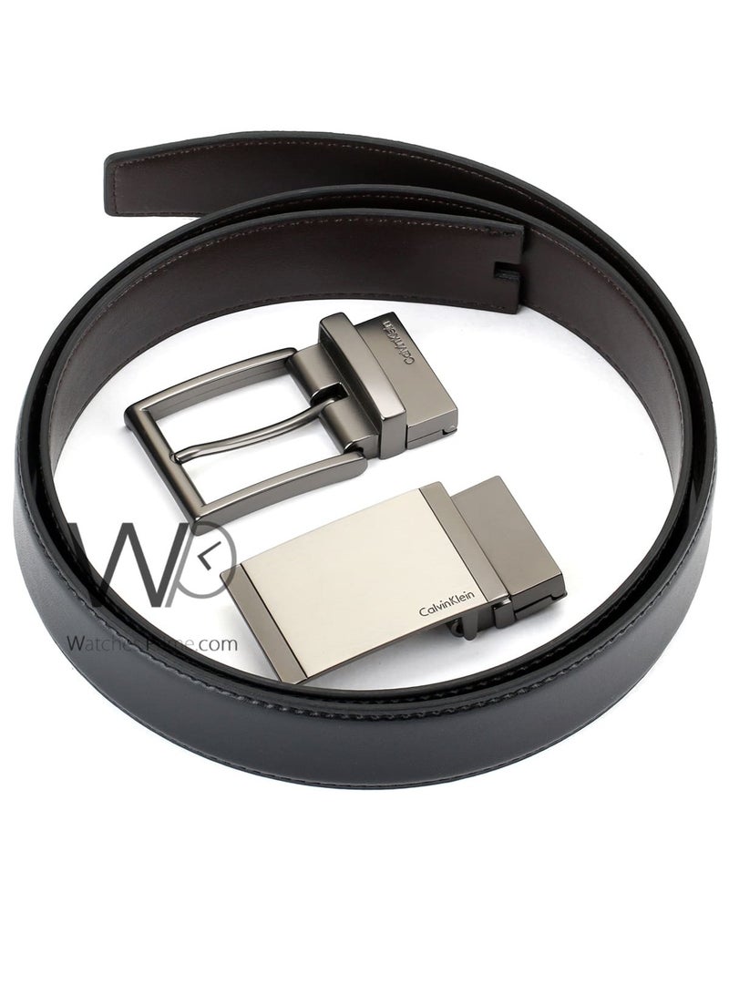 Calvin Klein Jeans Calvin Klein For Men Black And Brown 2 Buckles Gray Double Face Belt Leather Ck Gift Box - Image 4