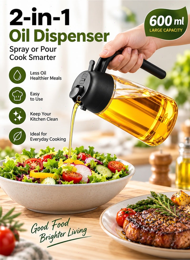 Topyich 2‑in‑1 Oil Sprayer and Dispenser Bottle, 600ml Refillable Food‑Grade Glass Olive Oil Bottle, Anti‑Clog Spray & Pour Dual‑Mode with Ergonomic Handle for Cooking, Salad, Air Fryer, BBQ - Image 2