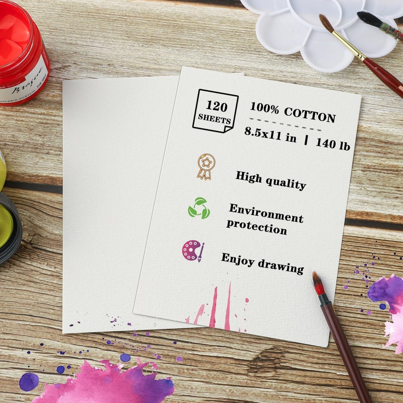 Silunkia 120 Sheets 100% Cotton Watercolor Paper 8.5 x 11 for Painting, 140lb/300gsm Heavyweight Cold Pressed Off White Paper for Students Adults Artists Drawing Valentine Gift Cards - Image 3
