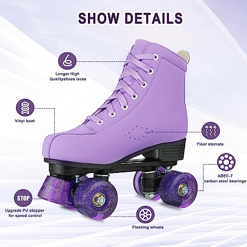 Gets Roller Skates Women Outdoor High-top Adult Roller Derby Skates Wheels Light Up Roller Skates Double Row Quad Skates for Men Girls Unisex (Purple Flashing Wheel,39) - Image 3