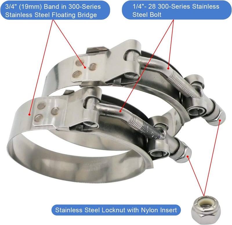 ROADFORMER 78mm - 86mm T-Bolt Hose O.D. Clamp - Working Range 3.06" - 3.39" for 3.25 inch Hose OD, Stainless Steel Bolt, SS Band Floating Bridge and Nylon Insert Locknut (78mm - 86mm, 2 pack) - Image 3