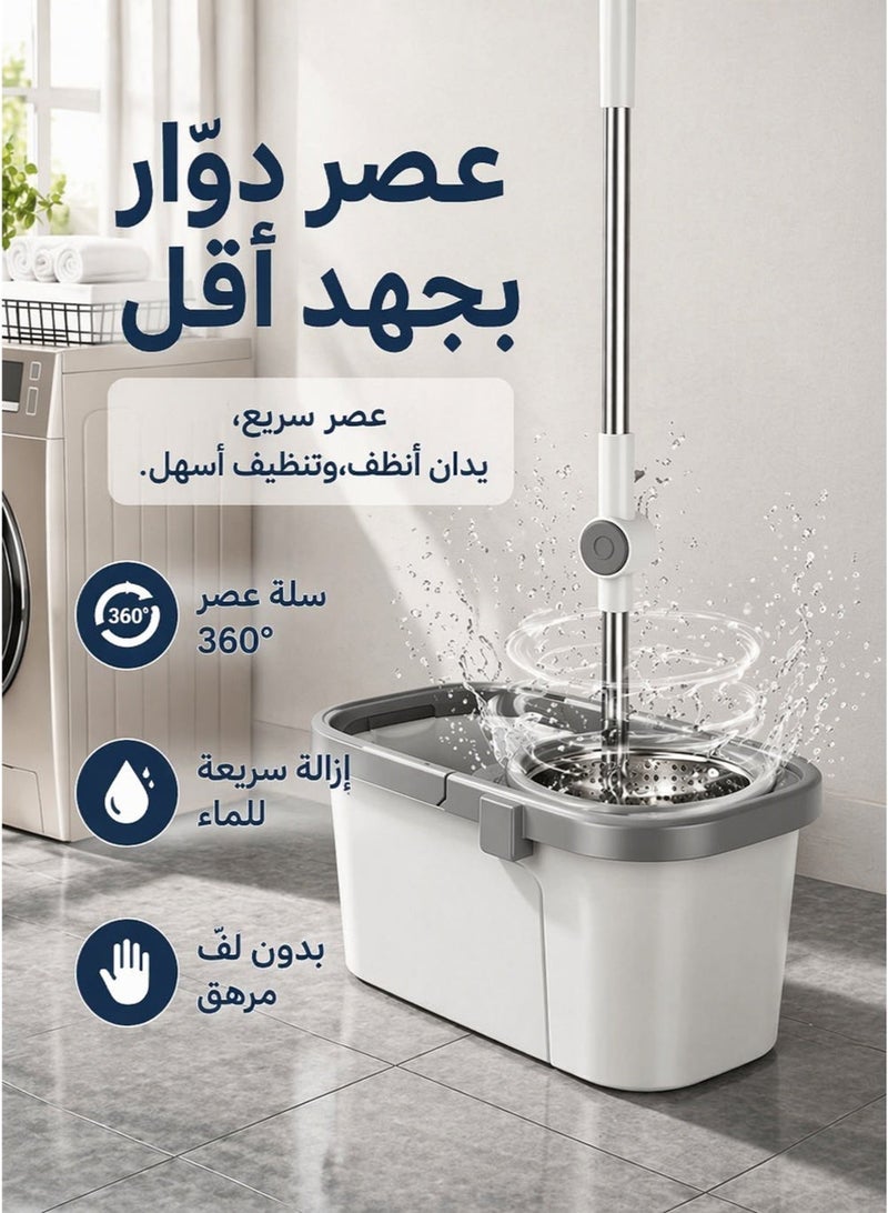 فلاي رود ممسحة دوارة 360 درجة | طقم ممسحة مع دلو أبيض رمادي و3 قطع قماش | رأس من الألياف الدقيقة عالية الامتصاص لتنظيف فعال للغبار والسوائل | مثالية للمنازل والمكاتب والاستخدام اليومي - Image 2