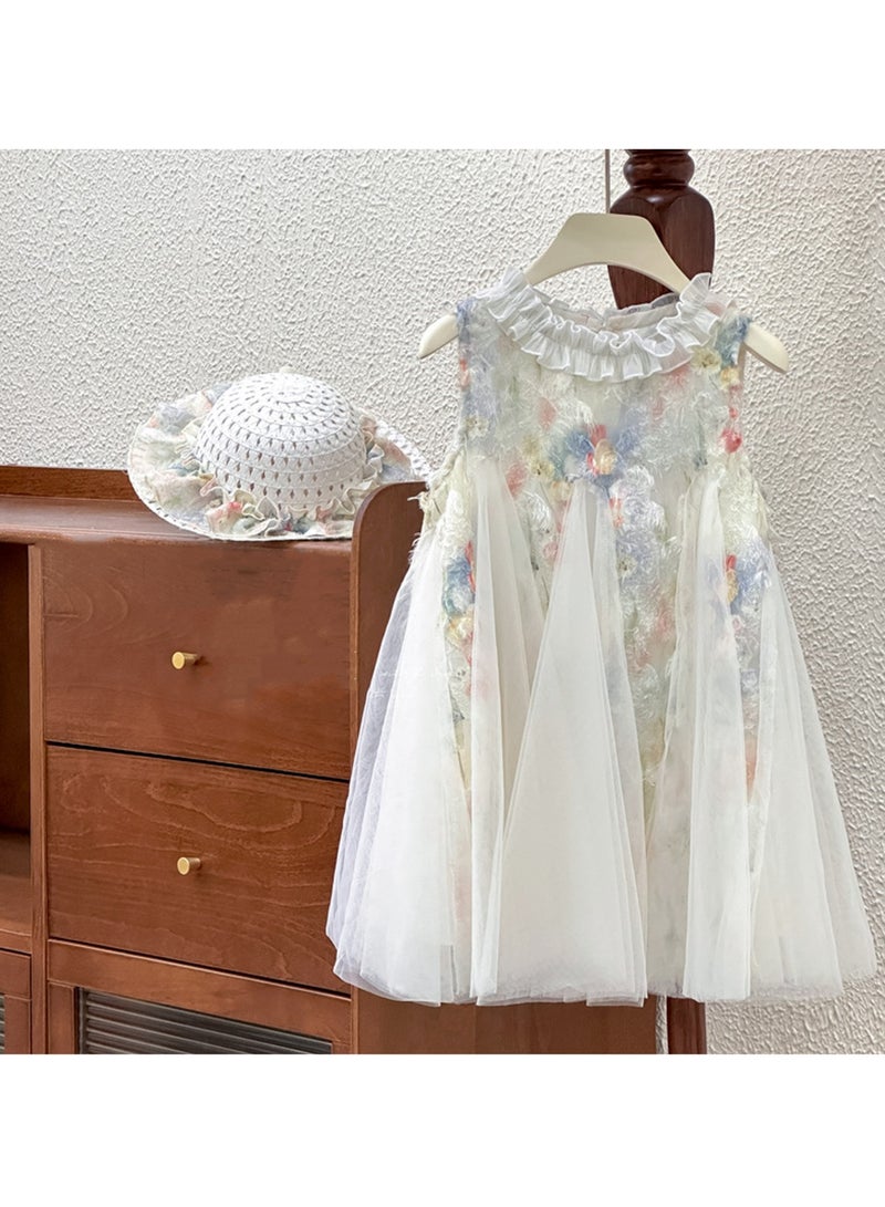 1‑2 Y Toddler Summer Baby Girl A Line Tulle Dress and Matching Sun Hat Set, Fit for Height 90 cm, Pastel Floral, Ideal for Eid Birthdays Weddings Photoshoots Beach Park Travel Daily Wear - Image 3