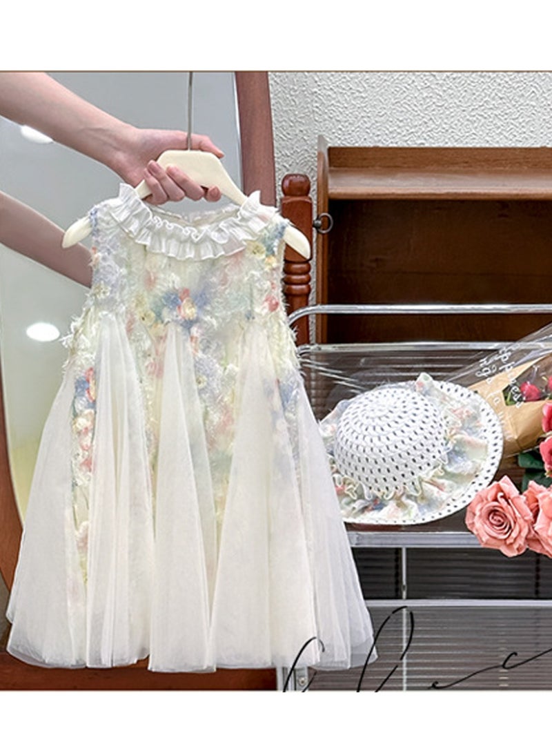 1‑2 Y Toddler Summer Baby Girl A Line Tulle Dress and Matching Sun Hat Set, Fit for Height 90 cm, Pastel Floral, Ideal for Eid Birthdays Weddings Photoshoots Beach Park Travel Daily Wear - Image 5