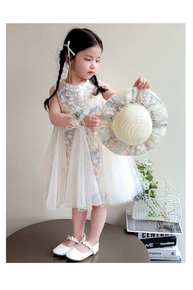1‑2 Y Toddler Summer Baby Girl A Line Tulle Dress and Matching Sun Hat Set, Fit for Height 90 cm, Pastel Floral, Ideal for Eid Birthdays Weddings Photoshoots Beach Park Travel Daily Wear - Image 1