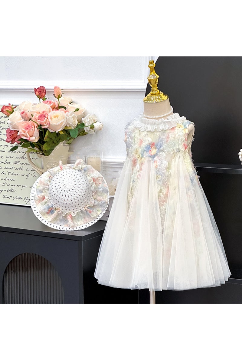1‑2 Y Toddler Summer Baby Girl A Line Tulle Dress and Matching Sun Hat Set, Fit for Height 90 cm, Pastel Floral, Ideal for Eid Birthdays Weddings Photoshoots Beach Park Travel Daily Wear - Image 2