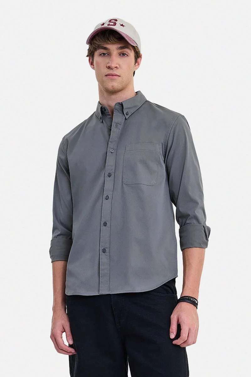 سنيتش Dark Grey Solid Long Sleeve Regular Fit Shirt