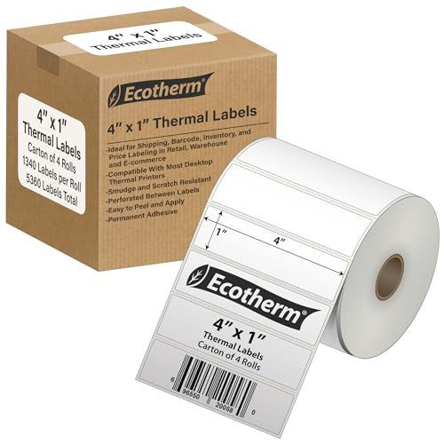 Ecotherm 4" x 1" Thermal Labels | 4 Rolls | 5360 Labels | fits Zebra, Munbyn, Rollo, Godex, Arkscan, iDPRT, Offnova Thermal Label Printers and More | Blank White Adhesive Stickers by Ecotherm - Image 1