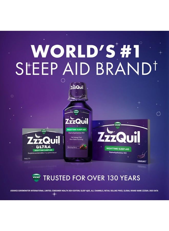 , Nighttime Sleep Aid Liquid, FREE OF Alcohol & Artificial Dyes, 50 mg Diphenhydramine HCl, No.1 Sleep Aid Brand, Fall Asleep Fast, Non-Habit Forming, Soothing Berry Flavor, 12 FL OZ