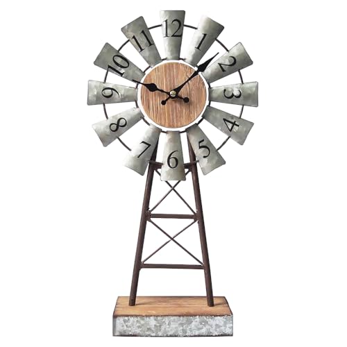 MODE HOME Farmhouse Windmill Desk Clock - 15.75 Inch Galvanized Metal Table Clock with Blades, Small Decorative Office Clock, Battery Operated Rustic Farmhouse Clock for Tabletop & Shelf Decor - Image 1
