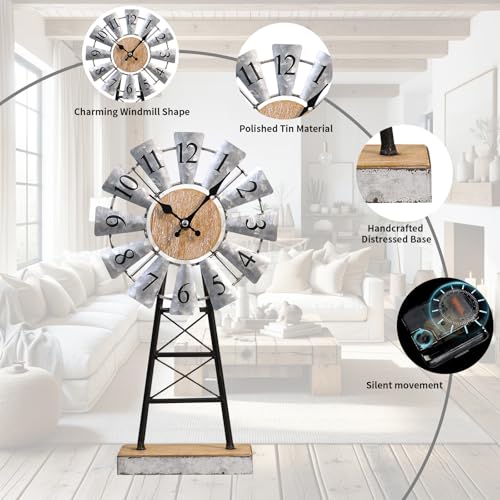 MODE HOME Farmhouse Windmill Desk Clock - 15.75 Inch Galvanized Metal Table Clock with Blades, Small Decorative Office Clock, Battery Operated Rustic Farmhouse Clock for Tabletop & Shelf Decor - Image 4