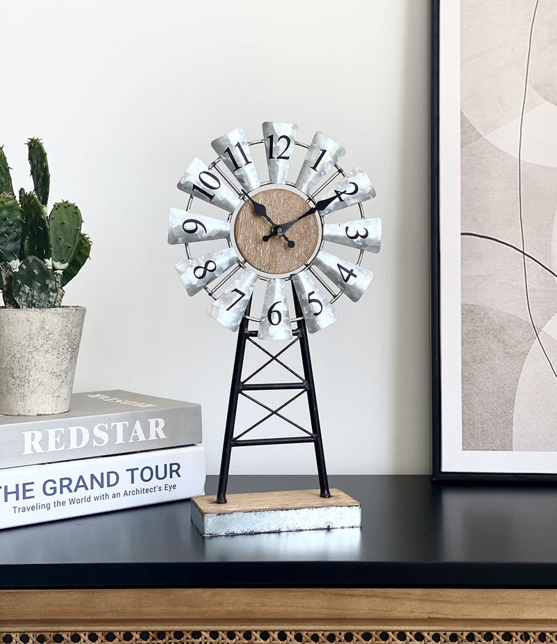 MODE HOME Farmhouse Windmill Desk Clock - 15.75 Inch Galvanized Metal Table Clock with Blades, Small Decorative Office Clock, Battery Operated Rustic Farmhouse Clock for Tabletop & Shelf Decor - Image 2