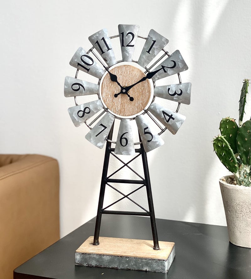 MODE HOME Farmhouse Windmill Desk Clock - 15.75 Inch Galvanized Metal Table Clock with Blades, Small Decorative Office Clock, Battery Operated Rustic Farmhouse Clock for Tabletop & Shelf Decor - Image 3
