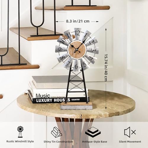 MODE HOME Farmhouse Windmill Desk Clock - 15.75 Inch Galvanized Metal Table Clock with Blades, Small Decorative Office Clock, Battery Operated Rustic Farmhouse Clock for Tabletop & Shelf Decor - Image 5