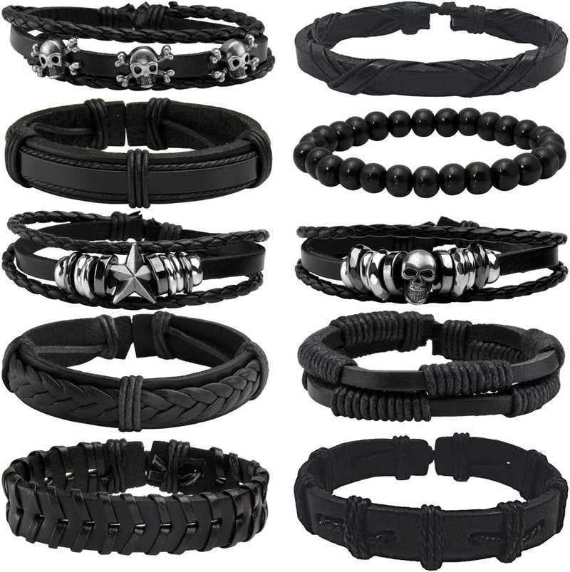 Mafnee Store Manfnee 6-12PCS Braided Faux Leather Bracelet Punk Cuff Wrap Bracelets for Men Women Adjustable - Image 1