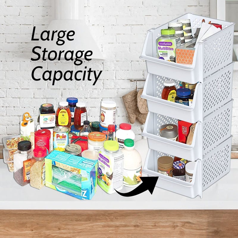 Skywin TidyFriend Stackable Storage Bins for Pantry, 4 Pack Stackable Bins For Organizing Food, Kitchen, and Bathroom Essentials (White) - Image 2