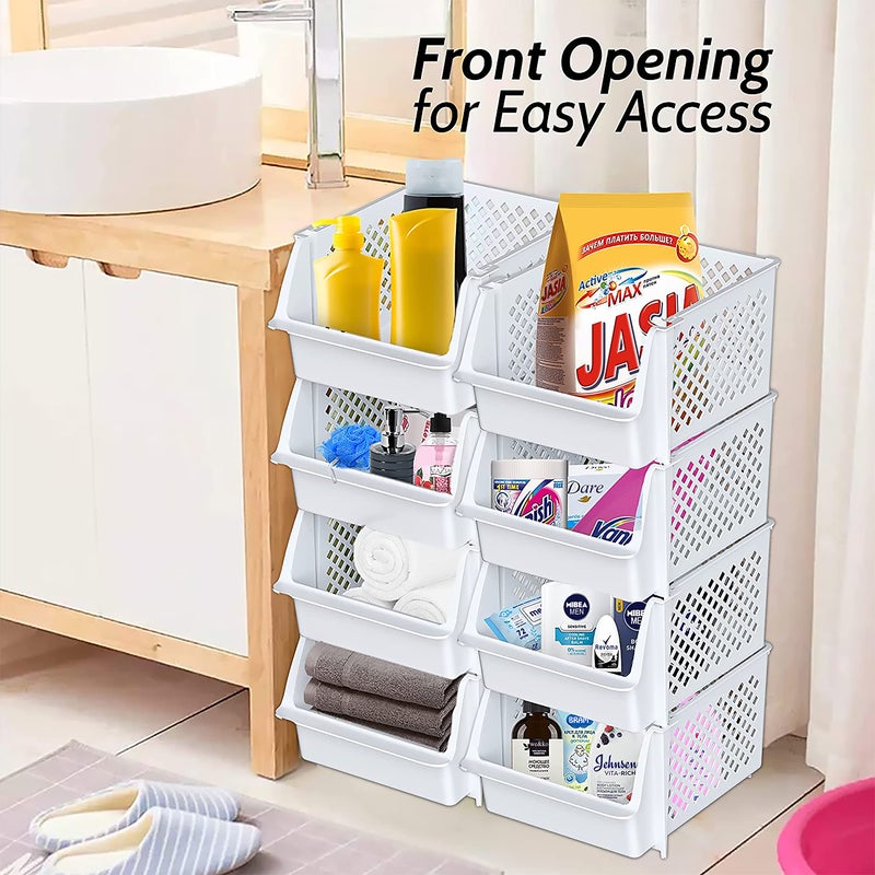 Skywin TidyFriend Stackable Storage Bins for Pantry, 4 Pack Stackable Bins For Organizing Food, Kitchen, and Bathroom Essentials (White) - Image 4